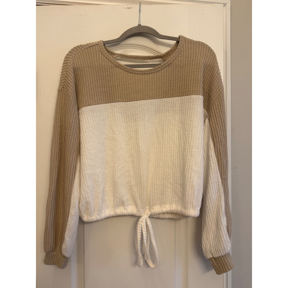 Hollister Med Waffle Knit Crop‎ Top Cutout Back Adjustable Drawstring Tan Cream